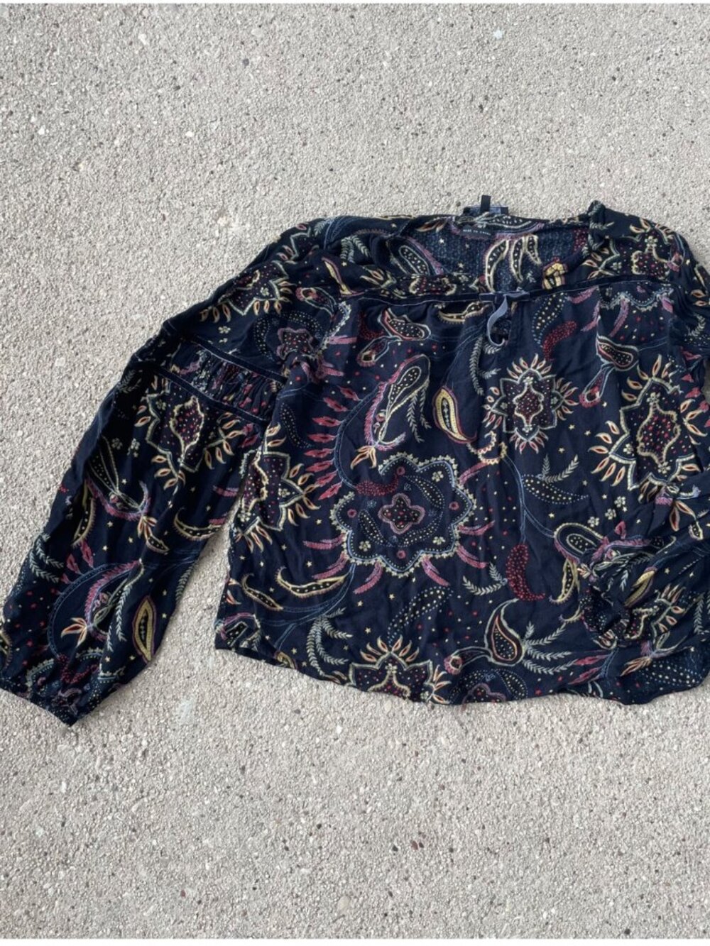 Vintage Y2K Miss Me Blouse Puff Bell Sleeve Top Black Paisley Girls L 2000s